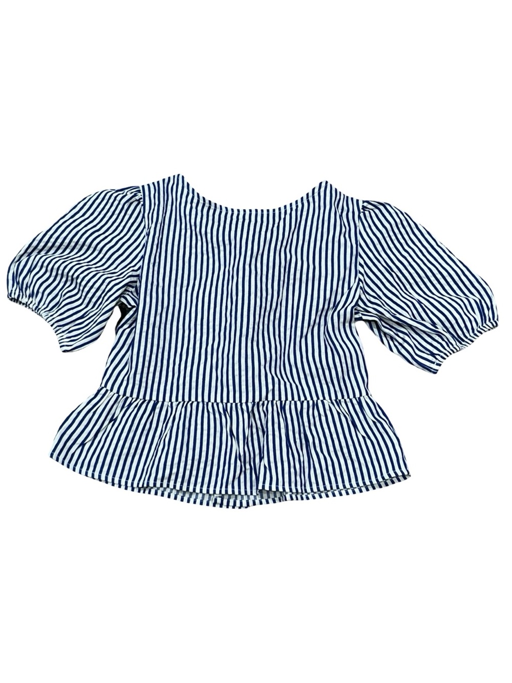 Japna Cotton Blend Cobalt Blue & Cream Striped Tie-Front Peplum Blouse NWT Small - Picture 6 of 8